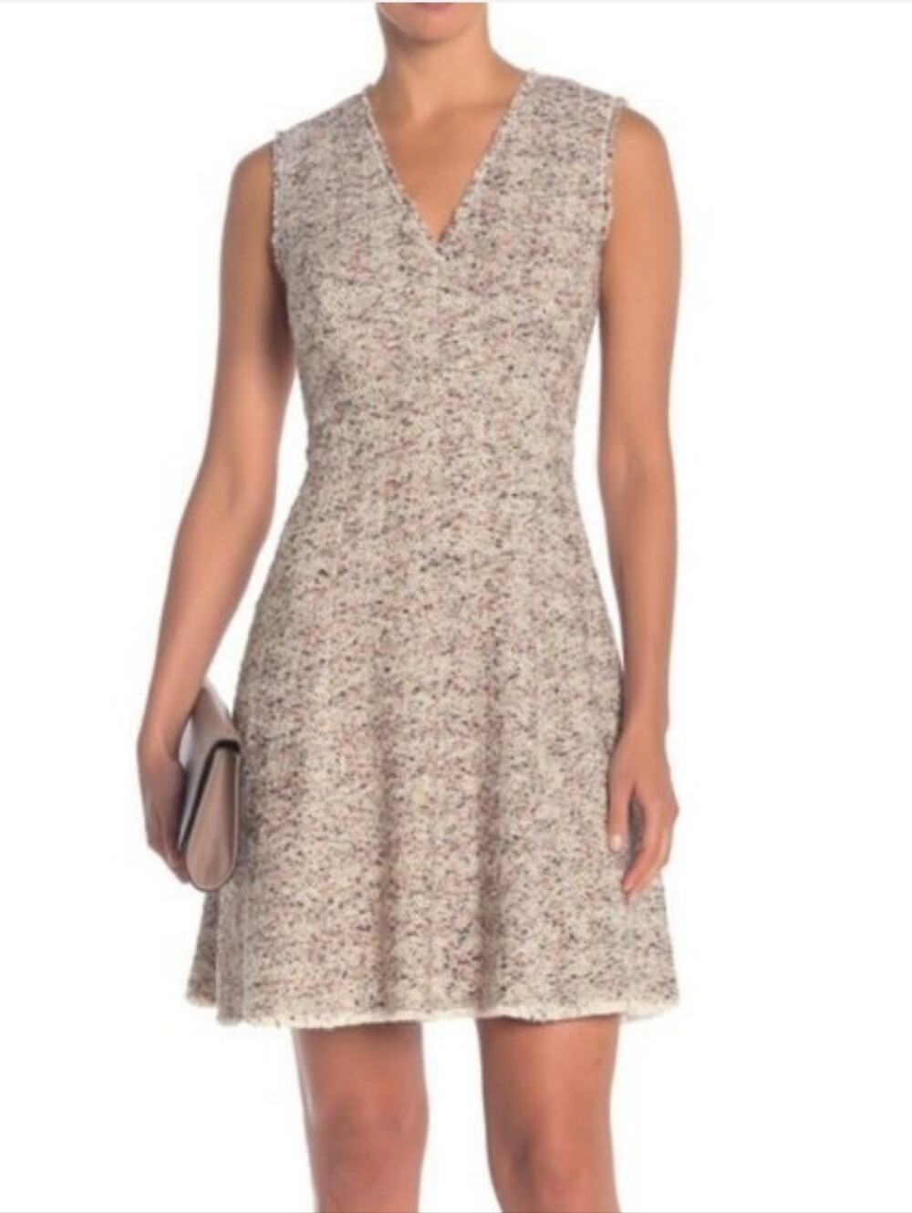 Rebecca Taylor Speckled Cream Knit Tweed V-Neck Midi Dress_6